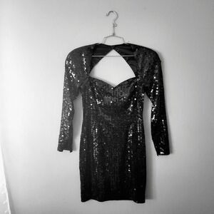 Vintage 1980s Caché Black Sequin Cocktail Long Sleeve Mini Dress, size 6